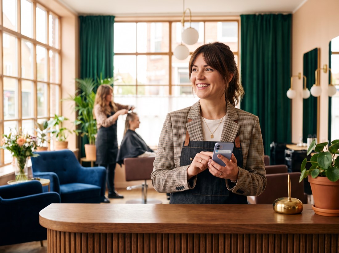 A salon owner smiling at her phone as a new booking from a customer's AI agent comes in